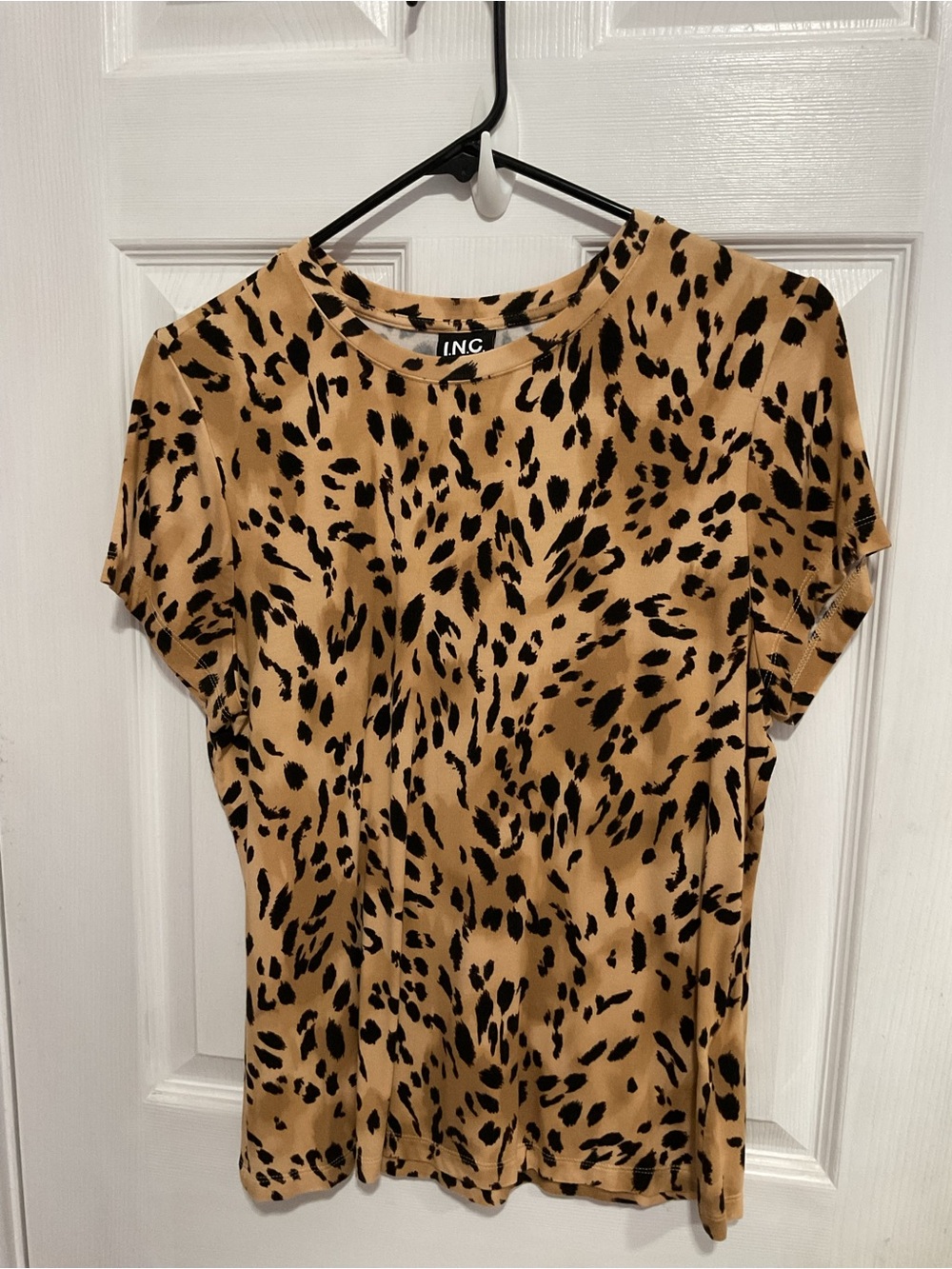 INC International Concepts Tan and Black Leopard Print Short Sleeve Tee